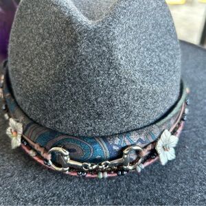 Stylish Gray and Blue Women's Hat equestrian design with removable feather pin